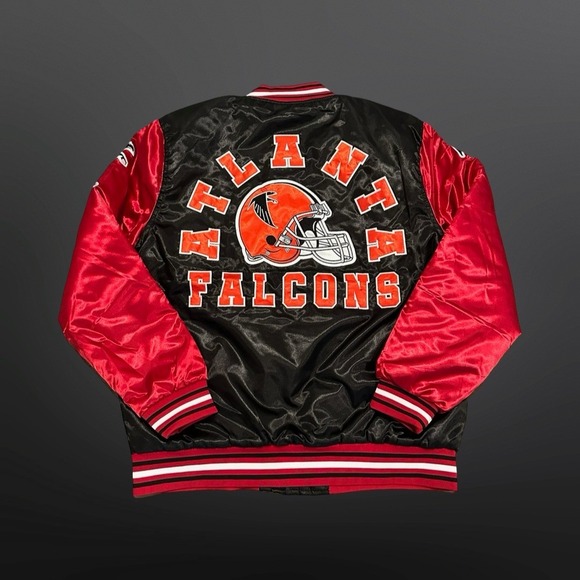 Atlanta Falcons Jacket Mens Small Black Red Satin Varsity Bomber Coat Retro NFL - Picture 2 of 7
